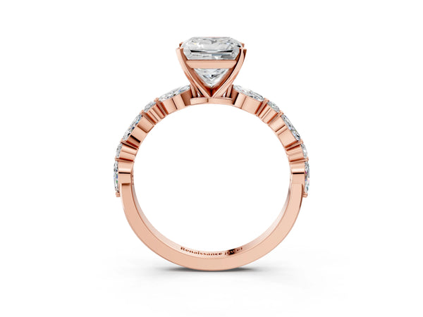 5 Carat Princess Cut Rose gold Diamond Ring with Marquise and Round Side Stones and Four-Prong Setting