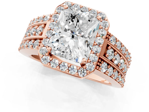 Rose gold 5 Carat Radiant Cut Halo Diamond Ring with Round  Split Shank and Prong Setting