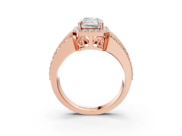 Rose gold 5 Carat Radiant Cut Halo Diamond Ring with Round  Split Shank and Prong Setting