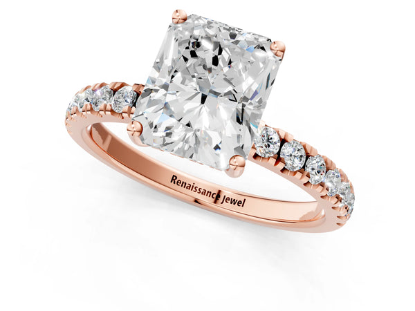 5 Carat Radiant Cut Rose gold Diamond Pave Band Solitaire Ring with Round  and Prong Setting