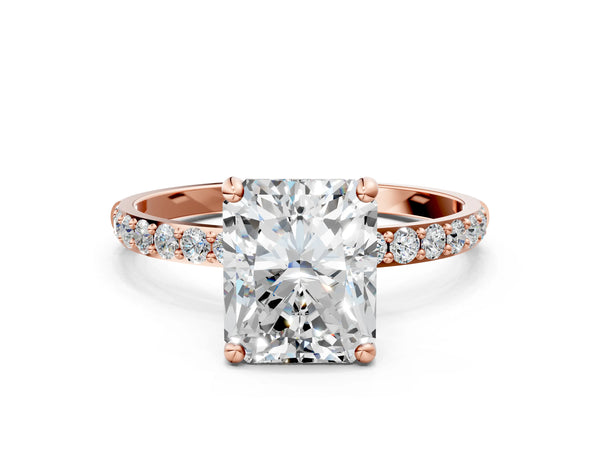 5 Carat Radiant Cut Rose gold Diamond Solitaire Ring with Round  Pavé Band and Prong Setting