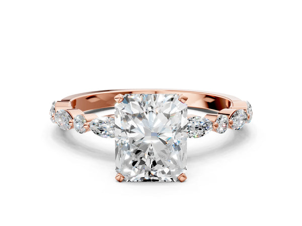 5 Carat Radiant Cut Rose gold Diamond Ring with Marquise and Round Side Stones and Four-Prong Setting
