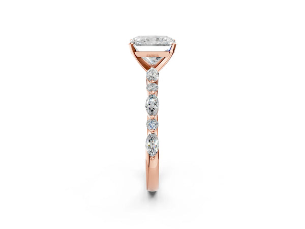 5 Carat Radiant Cut Rose gold Diamond Ring with Marquise and Round Side Stones and Four-Prong Setting