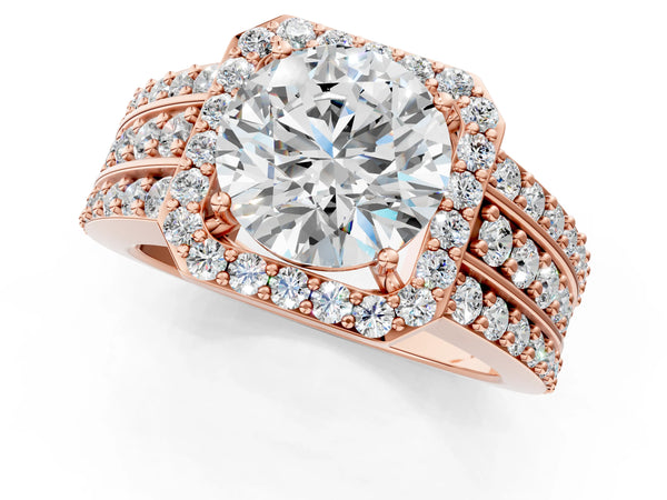 Rose gold 5 Carat Round Cut Halo Diamond Ring with Round  Split Shank and Prong Setting