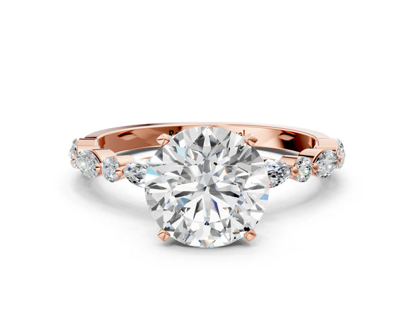 5 Carat Round Cut Rose gold Diamond Ring with Marquise and Round Side Stones and Four-Prong Setting