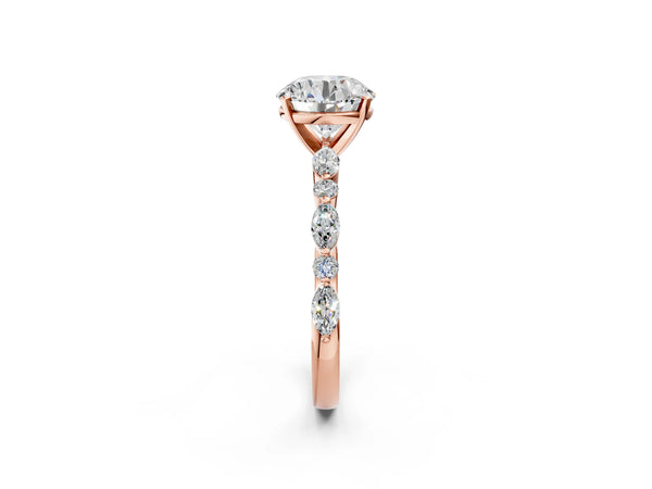5 Carat Round Cut Rose gold Diamond Ring with Marquise and Round Side Stones and Four-Prong Setting