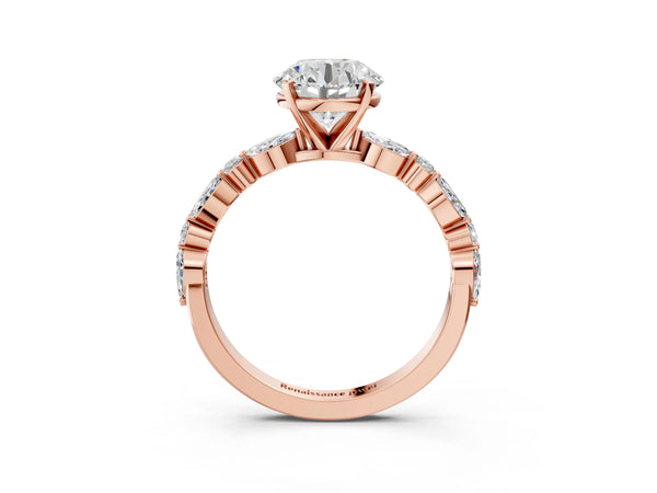 5 Carat Round Cut Rose gold Diamond Ring with Marquise and Round Side Stones and Four-Prong Setting
