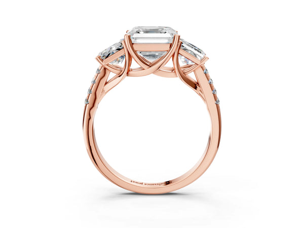 Rose gold 5 Carat Three-Stone Asscher Cut Diamond Ring with Round  Pavé Band and Prong Setting