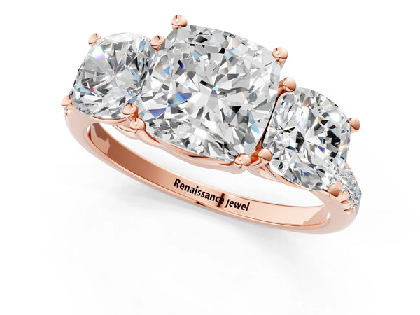 Rose gold 5 Carat Three-Stone Cushion Cut Diamond Ring with Round  Pavé Band and Prong Setting