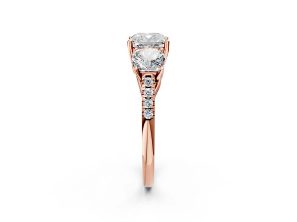 Rose gold 5 Carat Three-Stone Cushion Cut Diamond Ring with Round  Pavé Band and Prong Setting