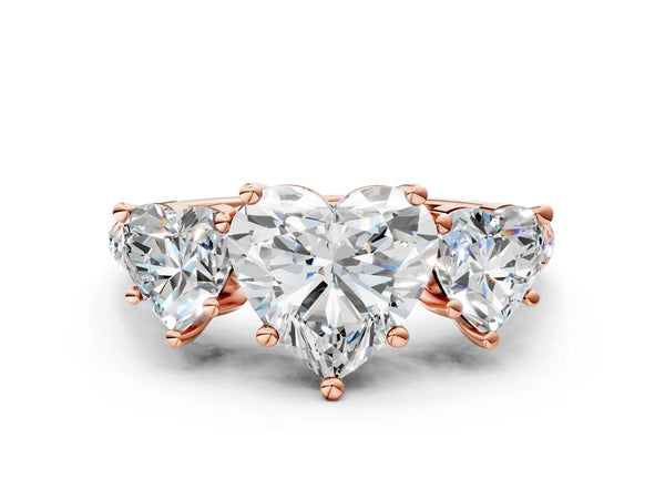 Rose gold 5 Carat Three-Stone Heart Cut Diamond Ring with Round  Pavé Band and Prong Setting