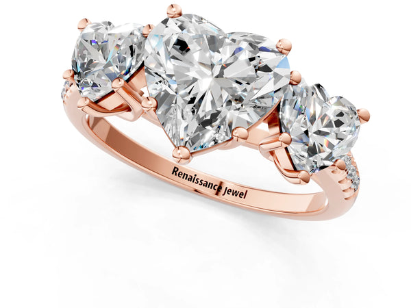 Rose gold 5 Carat Three-Stone Heart Cut Diamond Ring with Round  Pavé Band and Prong Setting