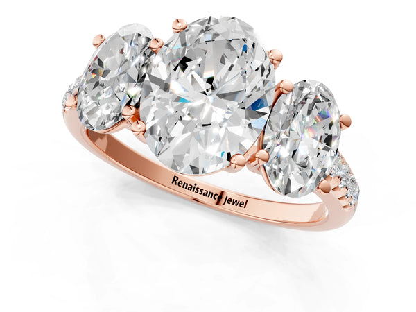 Rose gold 5 Carat Three-Stone Oval Cut Diamond Ring with Round  Pavé Band and Prong Setting
