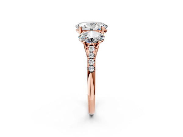 Rose gold 5 Carat Three-Stone Oval Cut Diamond Ring with Round  Pavé Band and Prong Setting