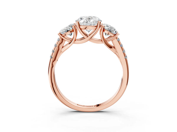 Rose gold 5 Carat Three-Stone Oval Cut Diamond Ring with Round  Pavé Band and Prong Setting