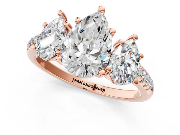 Rose gold 5 Carat Three-Stone Pear Cut Diamond Ring with Round  Pavé Band and Prong Setting