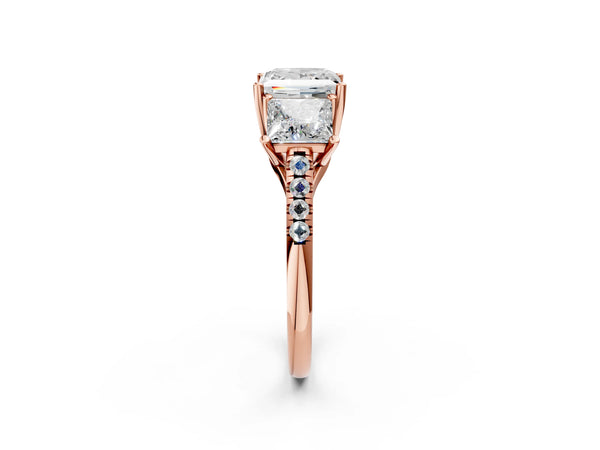 Rose gold 5 Carat Three-Stone Princess Cut Diamond Ring with Round  Pavé Band and Prong Setting