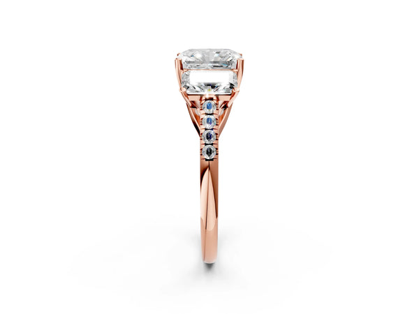 Rose gold 5 Carat Three-Stone Radiant Cut Diamond Ring with Round  Pavé Band and Prong Setting