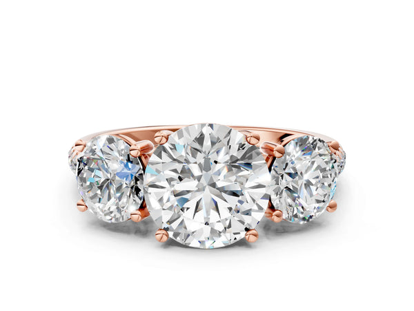 Rose gold 5 Carat Three-Stone Round Cut Diamond Ring with Round  Pavé Band and Prong Setting