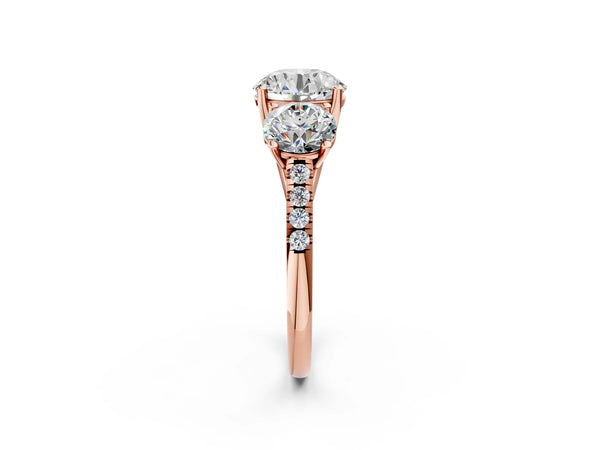 Rose gold 5 Carat Three-Stone Round Cut Diamond Ring with Round  Pavé Band and Prong Setting