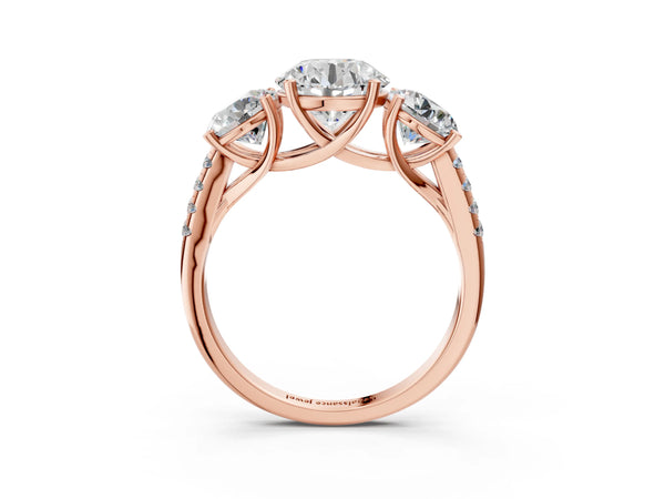 Rose gold 5 Carat Three-Stone Round Cut Diamond Ring with Round  Pavé Band and Prong Setting