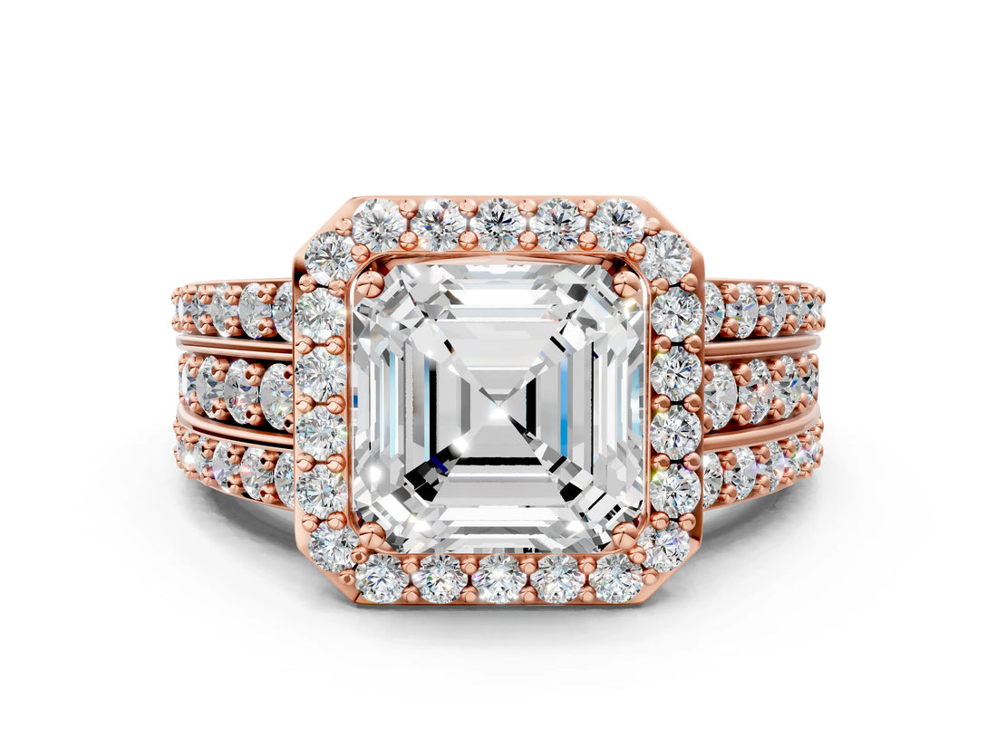 Rose gold 6 Carat Asscher Cut Halo  Ring with Split Shank and Four-Prong Setting
