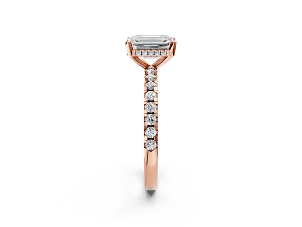 6 Carat Emerald Cut Rose gold Diamond Solitaire Ring with Round  Pavé Band and Four-Prong Setting