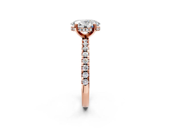 6 Carat Oval Cut Rose gold Diamond Solitaire Ring with Round  Pavé Band and Four-Prong Setting
