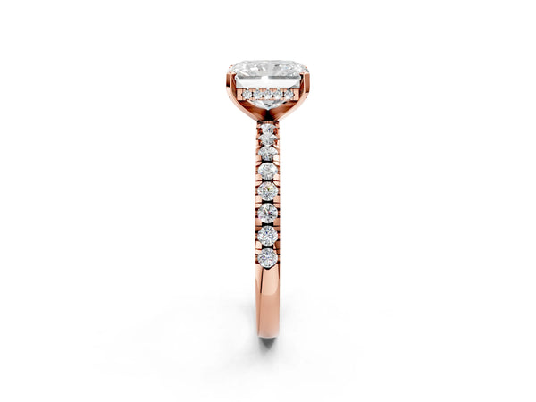 6 Carat Radiant Cut Rose gold Diamond Solitaire Ring with Round  Pavé Band and Four-Prong Setting