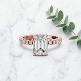 Rose gold 7 Carat Emerald Cut Diamond Solitaire Ring with Round  Pavé Band and Four-Prong Setting