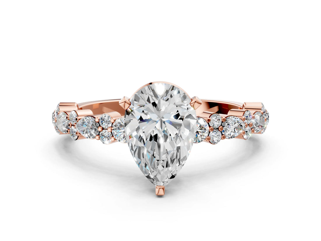 Rose gold 7 Carat Pear Cut  Solitaire with Side Stones, Pave Band, Four-Prong Setting_12