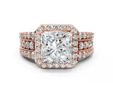 Rose gold 7 Carat Princess Cut Halo  Ring with Split Shank and Four-Prong Setting