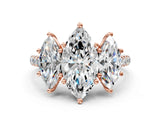 Rose gold 7 Carat Three-Stone Marquise Cut  Ring with Pavé Band and Prong Setting