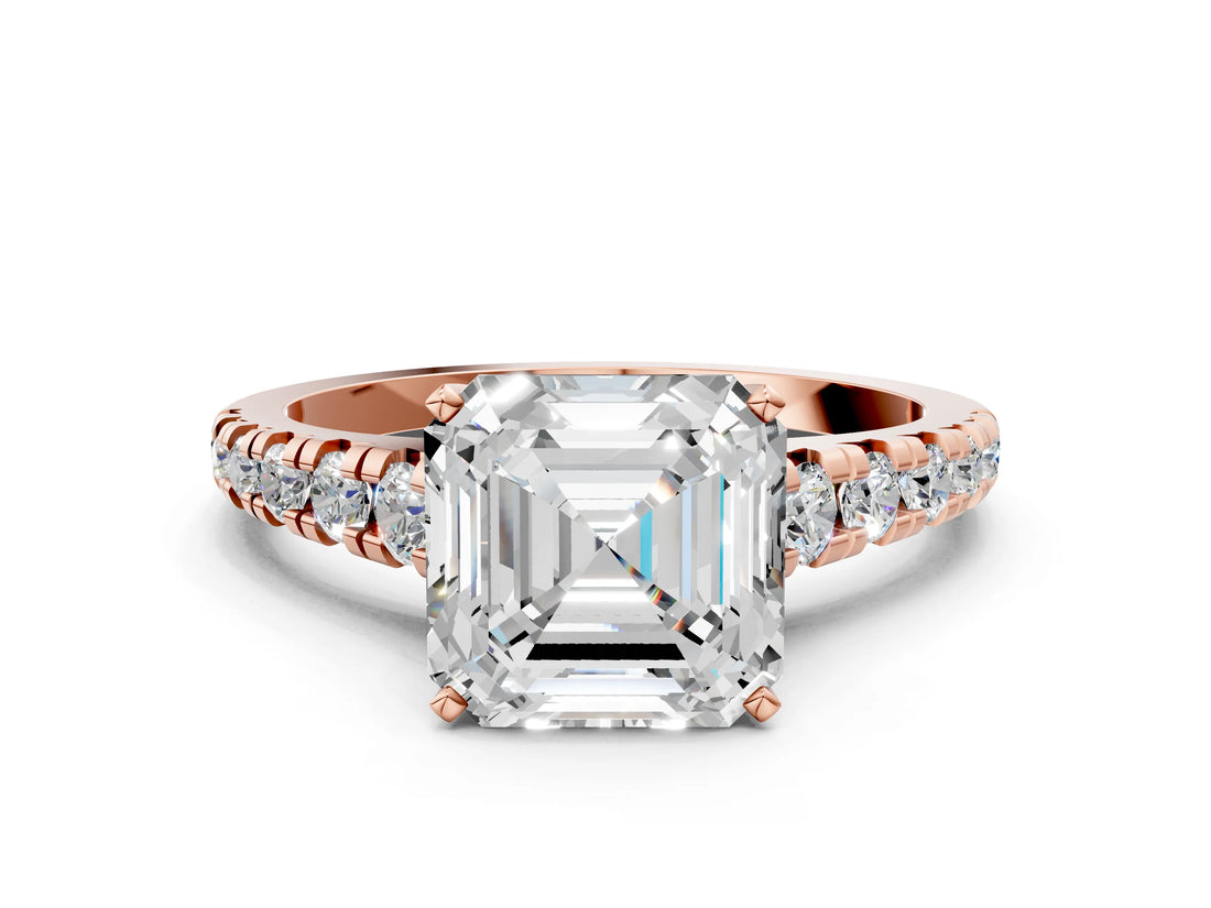 Rose gold 8 Carat Asscher Cut  Solitaire Ring with Cathedral Setting and Pavé Band