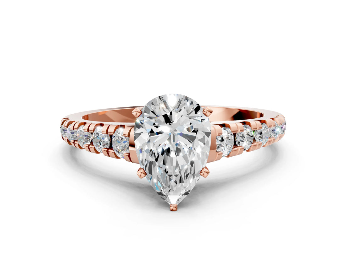 Rose gold 8 Carat Pear Cut  Solitaire Ring with Cathedral Setting and Pavé Band