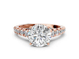 Rose gold 8 Carat Round Cut  Solitaire Ring with Cathedral Setting and Pavé Band