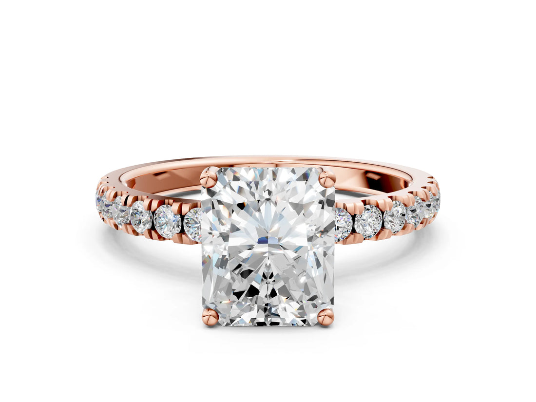 Rose gold 9 Carat Radiant Cut  Pave Band Solitaire Ring with Four-Prong Setting