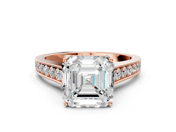 Rose gold Asscher Brilliant Cut Diamond Engagement Ring with Pavé Band and Four-Prong Setting