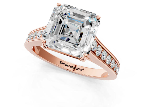Rose gold Asscher Brilliant Cut Diamond Engagement Ring with Pavé Band and Four-Prong Setting