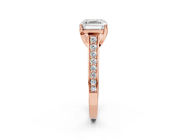 Rose gold Asscher Brilliant Cut Diamond Engagement Ring with Pavé Band and Four-Prong Setting