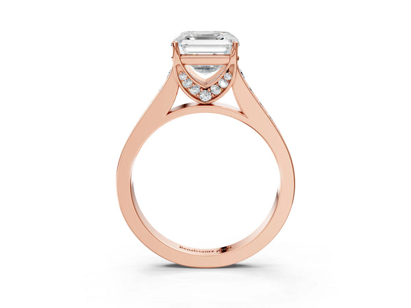 Rose gold Asscher Brilliant Cut Diamond Engagement Ring with Pavé Band and Four-Prong Setting