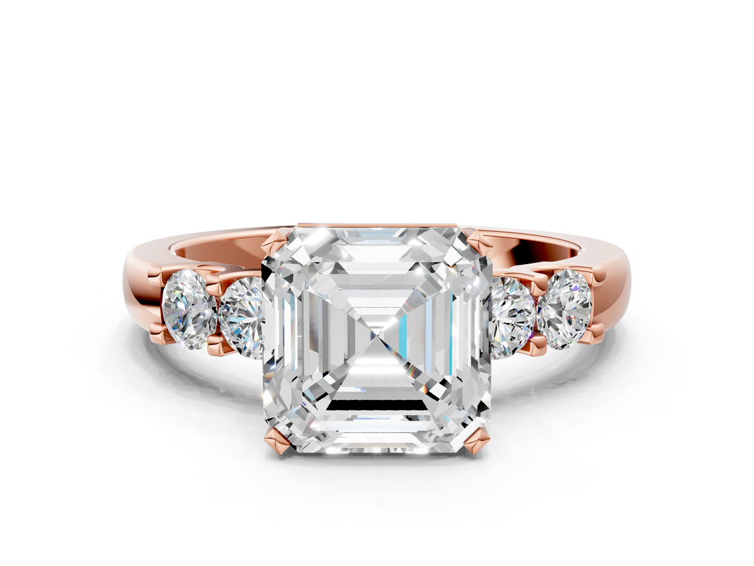 Rose gold Asscher Brilliant Cut Diamond Five-Stone Prong Set Engagement Ring with Channel Band_23