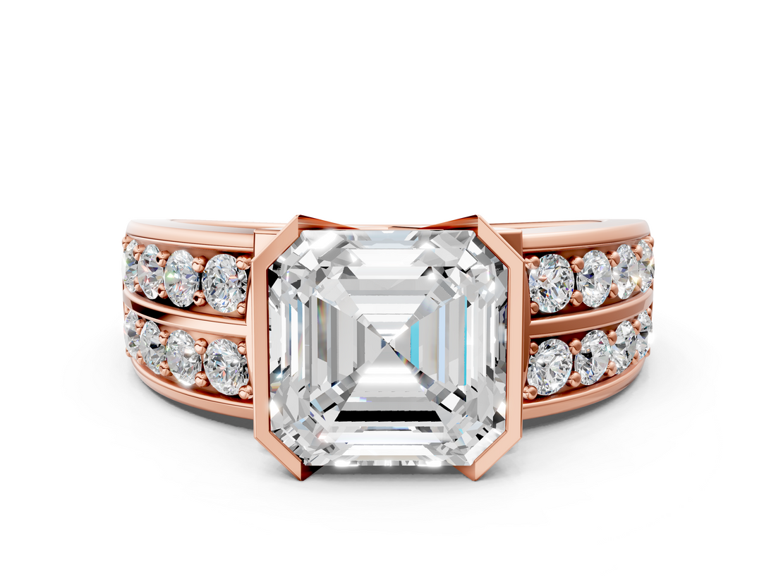 Rose gold Asscher Brilliant Diamond Channel Set Wide Band Ring with Bezel Setting_6