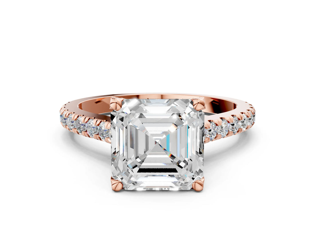 Rose gold Asscher Brilliant Diamond Solitaire with Pavé Band and Four-Prong Setting 1