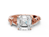 Rose gold Asscher Brilliant Solitaire with Leaf Motif Band and Four-Prong Setting_10