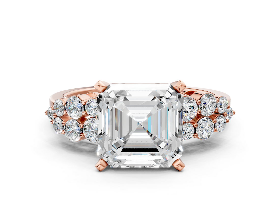 Rose gold Asscher Cluster Diamond Engagement Ring with Pavé Band and Four-Prong Setting_24