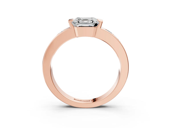 Rose Gold Asscher Cut Tension Style Engagement Ring Setting with Wide Flush Set Accent Band