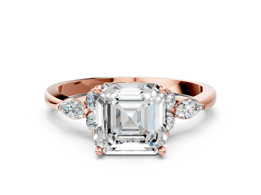 Rose gold Asscher Cut Brilliant Diamond Solitaire Ring with Pear Side Stones and Four-Prong Setting_3