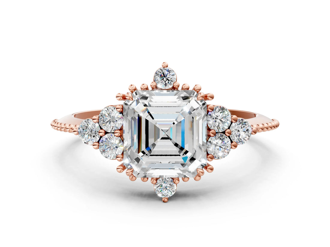 Rose gold Asscher Cut Brilliant Diamond with Cluster Setting on a Beaded Band and Four-Prong Setting_15