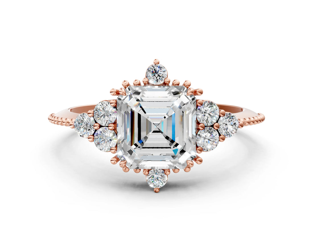 Rose gold Asscher Cut Brilliant Diamond with Cluster Setting on a Beaded Band and Four-Prong Setting_3